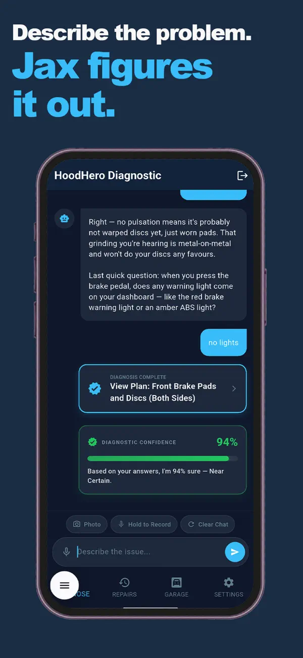 HoodHero mobile app showing a fictional brake diagnosis conversation with Jax