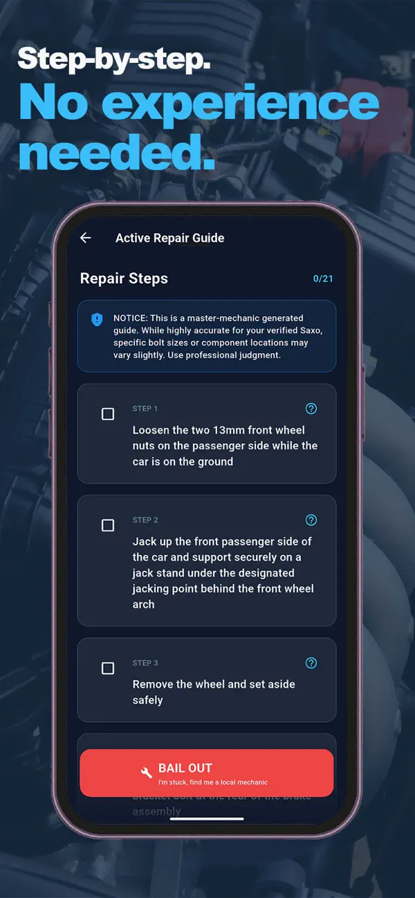 HoodHero mobile app showing a fictional step-by-step repair guide