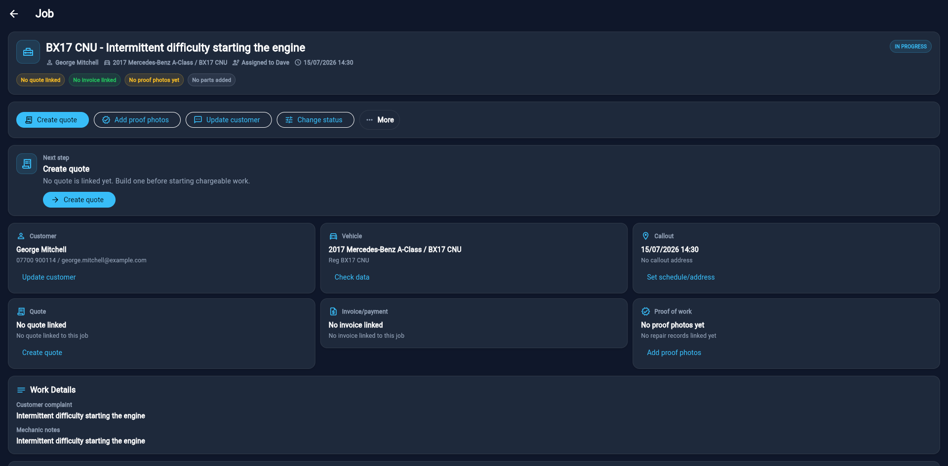 HoodHero Mechanic Desk fictional job record connecting the customer, vehicle, appointment, quote, invoice and proof of work