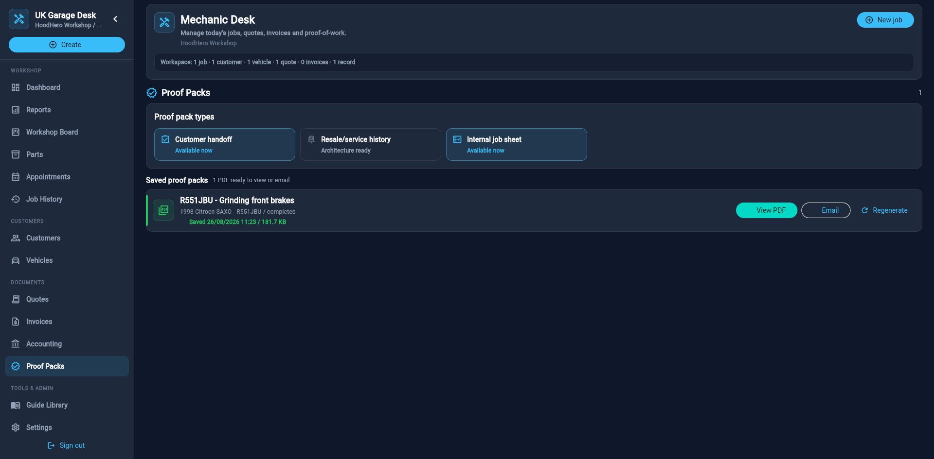 HoodHero Proof Packs workspace showing customer handoff, resale and internal job sheet options
